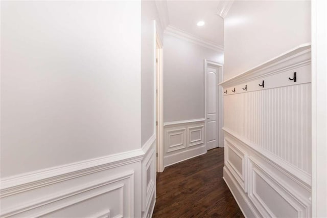 mudroom featuring ornamental molding, wainscoting, a decorative wall, dark wood-style floors, and recessed lighting