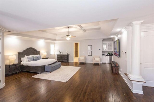 bedroom with ornate columns, dark wood finished floors, baseboards, crown molding, and coffered ceiling