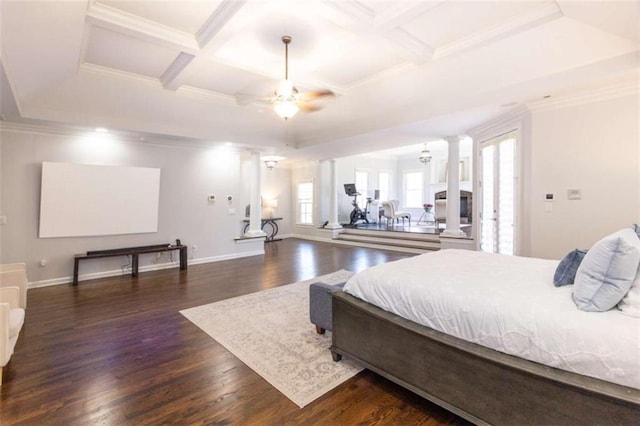 bedroom featuring decorative columns, coffered ceiling, dark wood-style flooring, crown molding, and beam ceiling