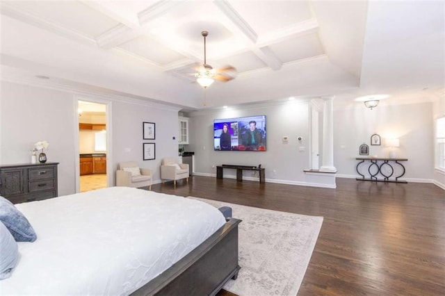 bedroom featuring ornate columns, coffered ceiling, dark wood-style flooring, beamed ceiling, and ornamental molding