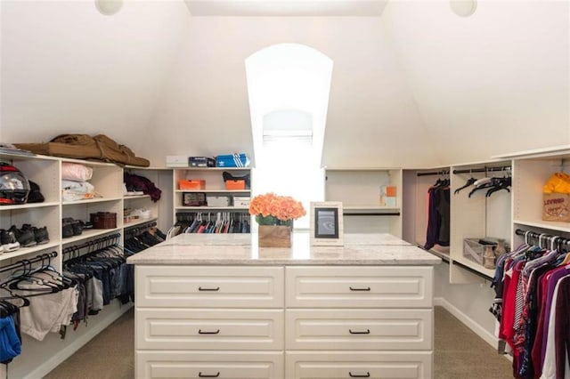 spacious closet with carpet floors and lofted ceiling