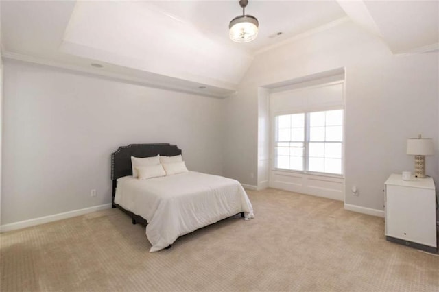 bedroom with light carpet, baseboards, ornamental molding, and vaulted ceiling