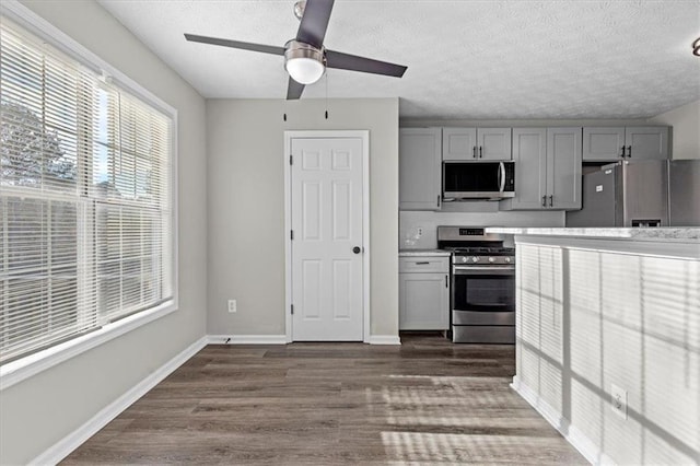 kitchen with stainless steel appliances, ceiling fan, gray cabinetry, and dark hardwood / wood-style flooring