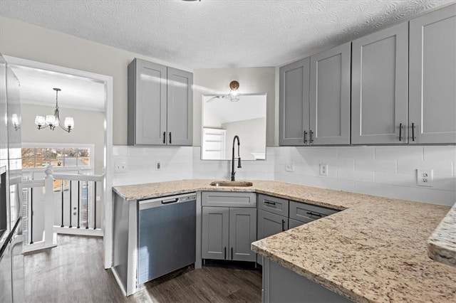 kitchen featuring gray cabinetry, sink, decorative backsplash, and dishwasher