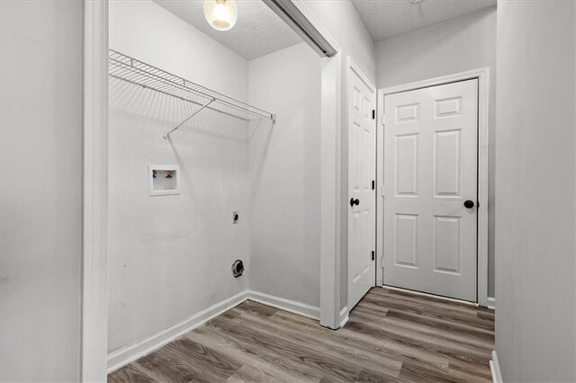 laundry area with wood-type flooring, electric dryer hookup, washer hookup, and a textured ceiling