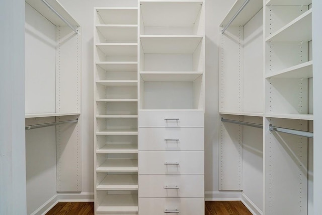 spacious closet with dark hardwood / wood-style floors