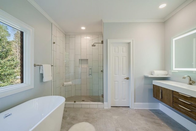 bathroom with shower with separate bathtub, vanity, and ornamental molding