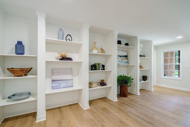 details featuring built in shelves and wood-type flooring