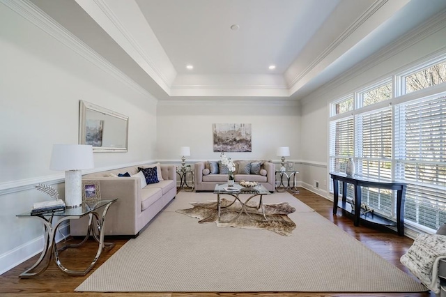 living room with hardwood / wood-style floors and a raised ceiling