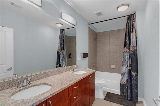 400 W Peachtree St NW Unit 2604, Atlanta, GA 30308 - full bathroom with shower / tub combo with curtain, double vanity, tile patterned flooring, and toilet