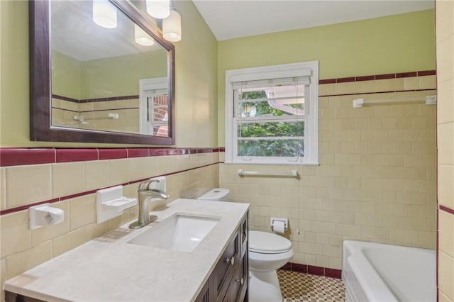 full bathroom with tile walls, tile patterned flooring, independent shower and bath, vanity, and toilet