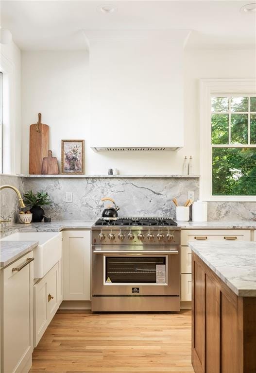 kitchen featuring decorative backsplash, high end stainless steel range, a sink, and light stone countertops