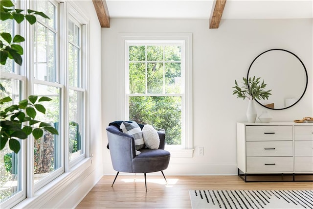 living area featuring light wood-type flooring, a wealth of natural light, beam ceiling, and baseboards