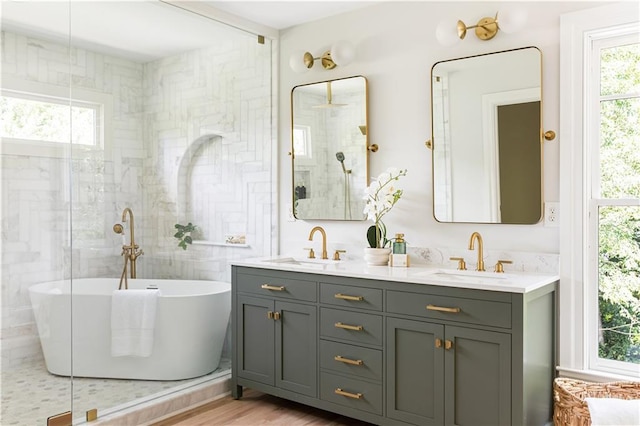 bathroom with double vanity, a wealth of natural light, a freestanding tub, and a sink