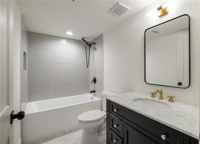 full bathroom featuring toilet, shower / bathtub combination, vanity, and visible vents