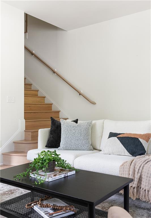 living room with stairs