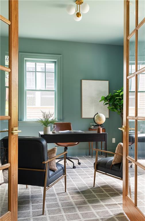 office space with carpet and french doors