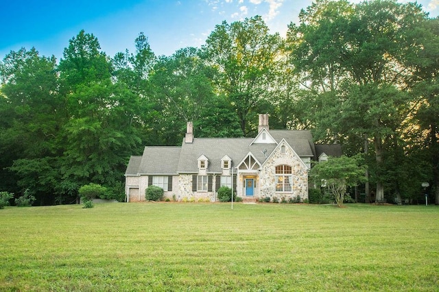 1145 Thurston Snow Rd, Good Hope, GA 30641 - view of front of property featuring stone siding, a front yard, a chimney, and view of scattered trees