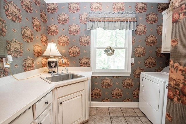 1145 Thurston Snow Rd, Good Hope, GA 30641 - laundry room featuring cabinet space, independent washer and dryer, light tile patterned flooring, and wallpapered walls