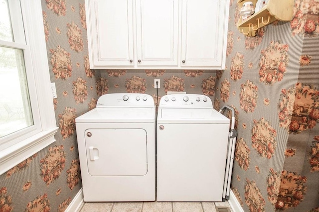 1145 Thurston Snow Rd, Good Hope, GA 30641 - washroom with cabinet space, washer and clothes dryer, wallpapered walls, and light tile patterned flooring