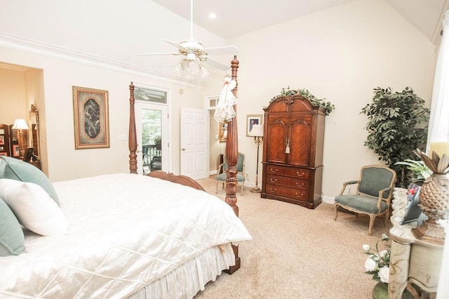 1145 Thurston Snow Rd, Good Hope, GA 30641 - bedroom featuring access to outside, light carpet, vaulted ceiling, a ceiling fan, and crown molding