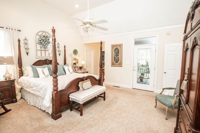 1145 Thurston Snow Rd, Good Hope, GA 30641 - bedroom featuring light colored carpet, access to exterior, ornamental molding, and a ceiling fan