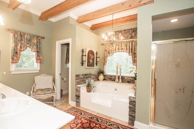 1145 Thurston Snow Rd, Good Hope, GA 30641 - bathroom with a bath, a shower stall, beamed ceiling, double vanity, and tile patterned flooring