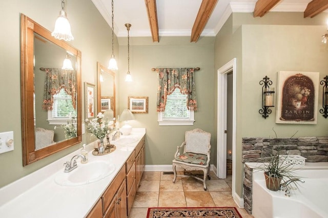1145 Thurston Snow Rd, Good Hope, GA 30641 - bathroom with crown molding, double vanity, a bath, beam ceiling, and tile patterned floors
