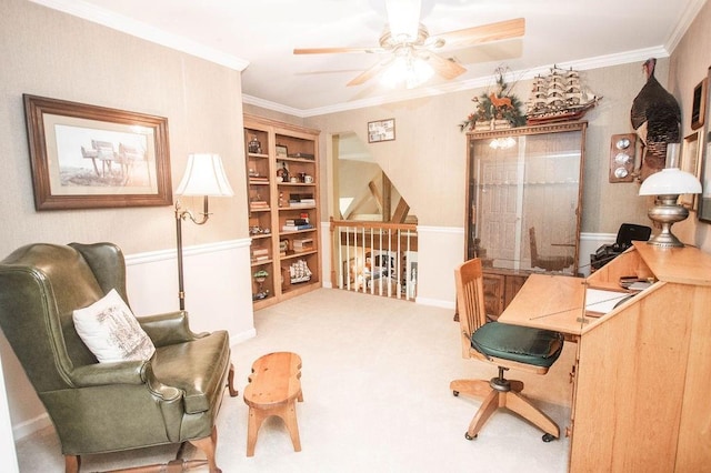 1145 Thurston Snow Rd, Good Hope, GA 30641 - carpeted office space featuring ceiling fan, crown molding, and built in shelves