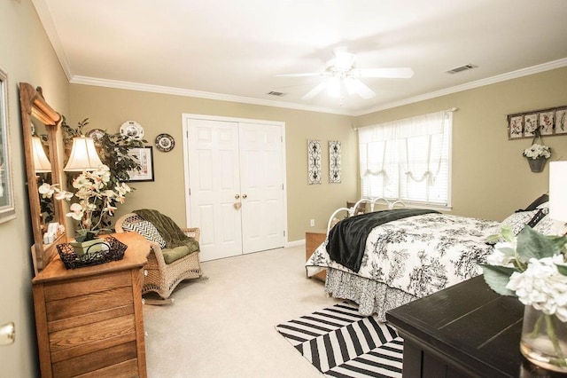 1145 Thurston Snow Rd, Good Hope, GA 30641 - bedroom with light carpet, crown molding, a closet, and a ceiling fan