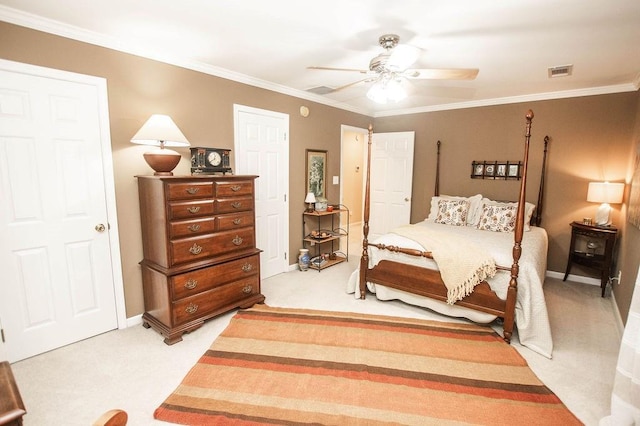1145 Thurston Snow Rd, Good Hope, GA 30641 - bedroom with light colored carpet, ornamental molding, and ceiling fan