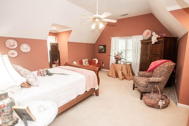 1145 Thurston Snow Rd, Good Hope, GA 30641 - bedroom featuring light colored carpet, vaulted ceiling, and a ceiling fan