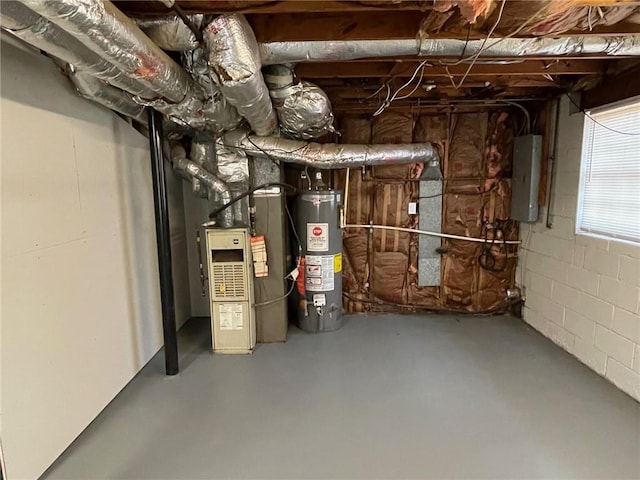 utility room featuring heating unit, electric panel, and water heater