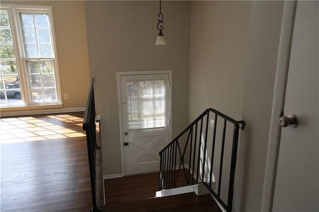 foyer featuring dark wood-style floors and baseboards