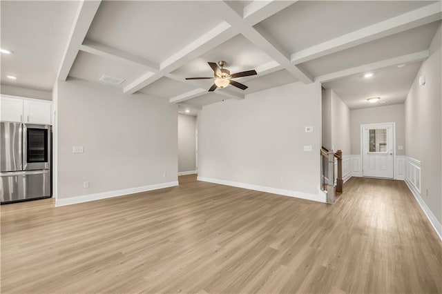 unfurnished living room with ceiling fan, coffered ceiling, beam ceiling, and light wood-type flooring