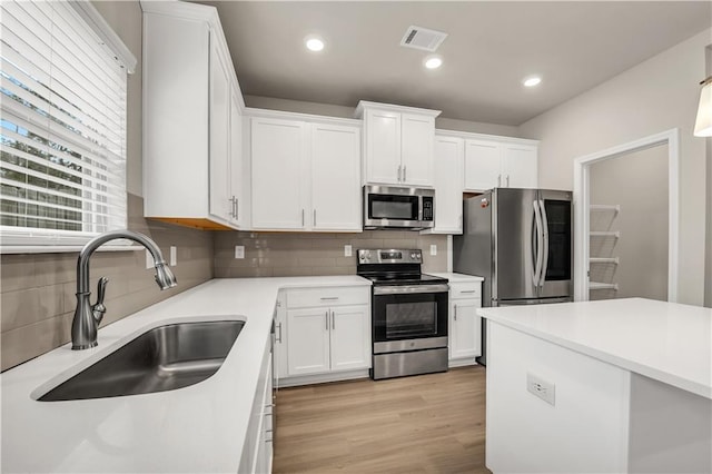 kitchen featuring appliances with stainless steel finishes, tasteful backsplash, white cabinetry, sink, and light hardwood / wood-style flooring