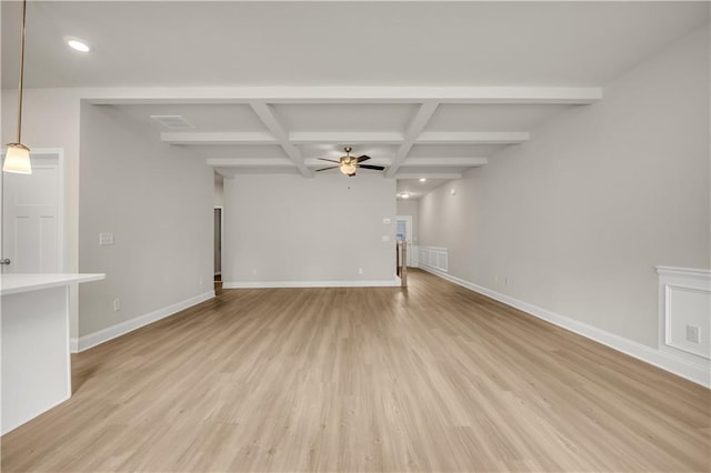 unfurnished living room featuring beamed ceiling, ceiling fan, coffered ceiling, and light wood-type flooring