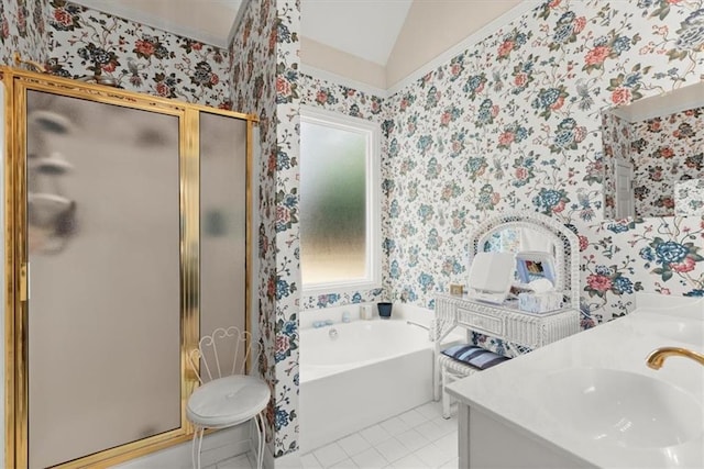 bathroom featuring vanity, lofted ceiling, tile patterned floors, and shower with separate bathtub