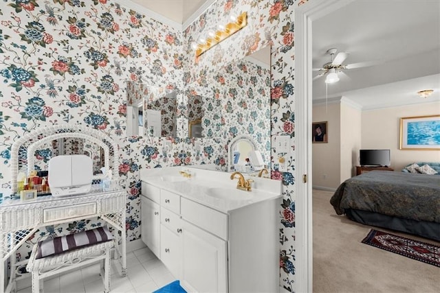 bathroom with ornamental molding, ceiling fan, tile patterned floors, and vanity