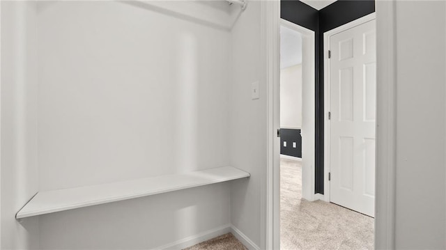 walk in closet featuring light carpet