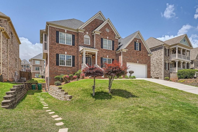 view of front of home featuring brick siding, a garage, a front lawn, and driveway