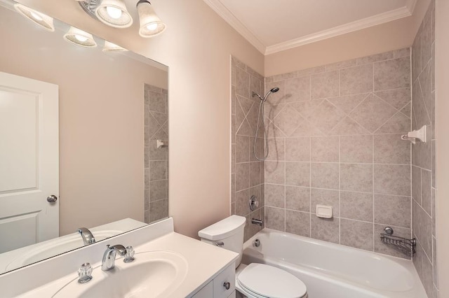 full bathroom with toilet, ornamental molding, bathing tub / shower combination, and vanity