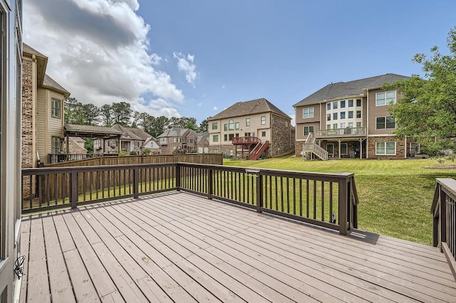wooden deck featuring a fenced backyard, a yard, and a residential view