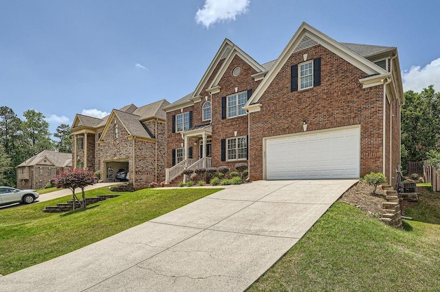 view of front of home featuring concrete driveway, brick siding, an attached garage, and a front lawn