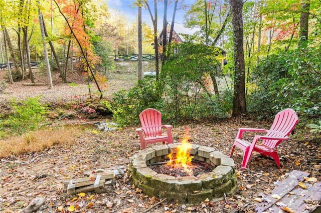 view of yard with a fire pit