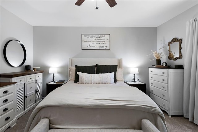 carpeted bedroom with ceiling fan