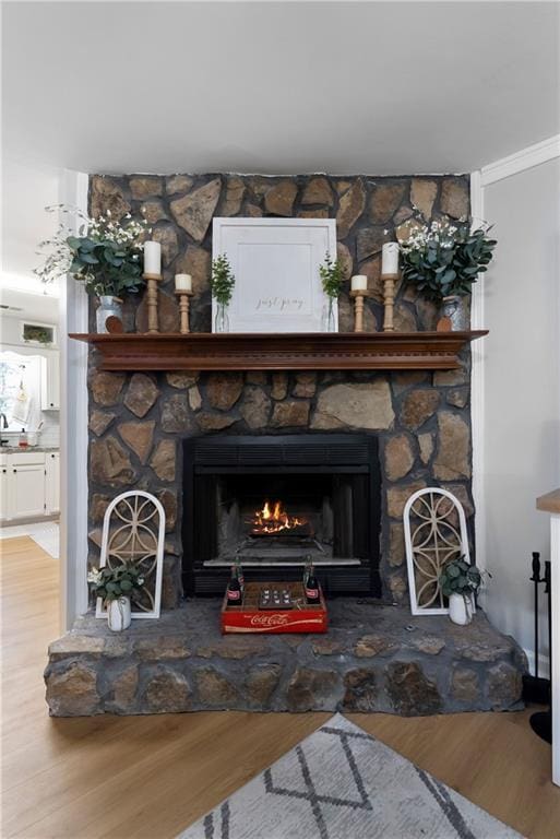 room details featuring a stone fireplace and wood finished floors