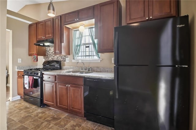 kitchen with black appliances, sink, vaulted ceiling, tasteful backsplash, and decorative light fixtures