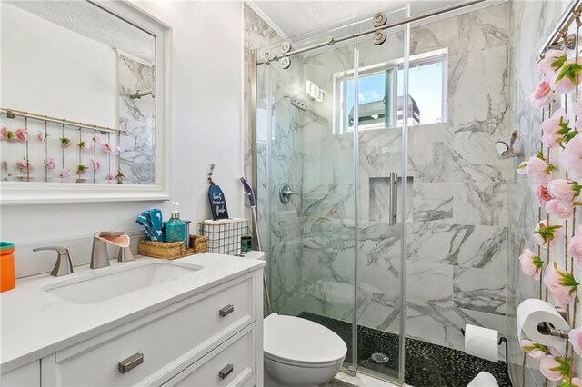 bathroom featuring a shower with door, vanity, and toilet