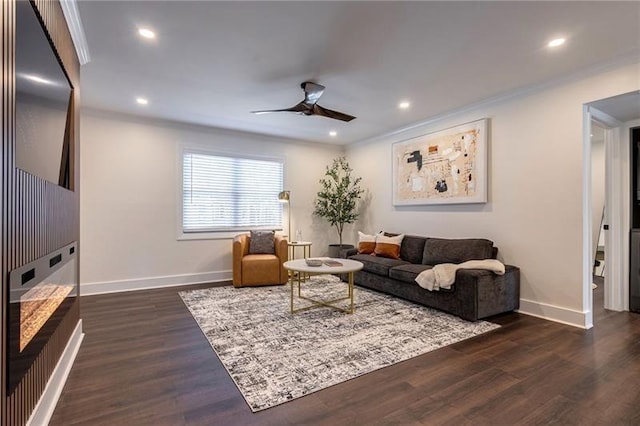 4282 Roswell Rd NE Unit G1, Atlanta, GA 30342 - living room with ceiling fan, baseboards, crown molding, dark wood finished floors, and recessed lighting